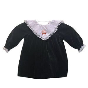 Vintage Black Velvet White Lace Collar Baby Girl Dress 12 Months Cottagecore
